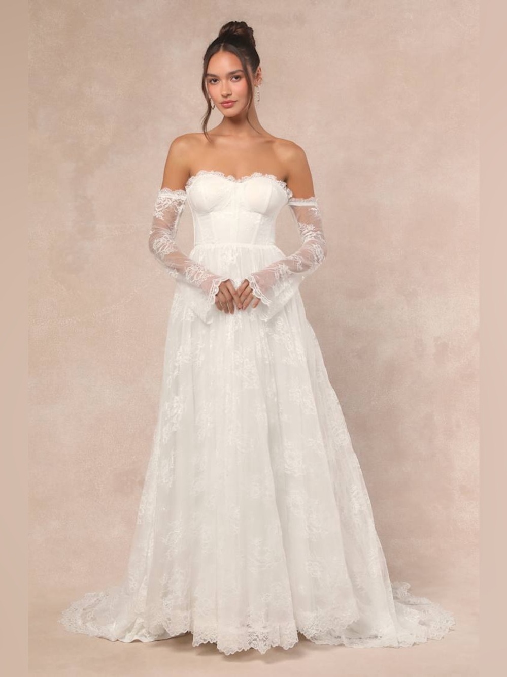LULUS Maurine Lace Wedding Gown XS White Off the Shoulder Bustier Dress Bridal